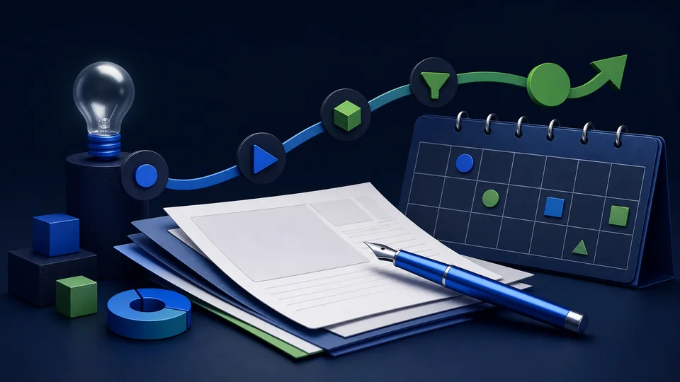 Ilustración tridimensional sobre planificación y publicación de contenidos editoriales