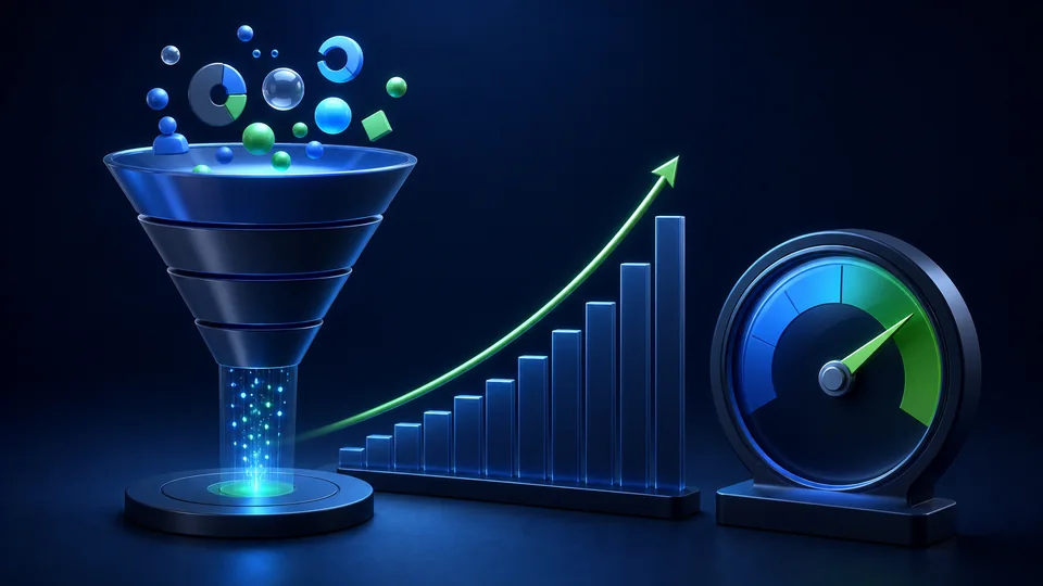 Ilustración tridimensional de un embudo de rendimiento, un gráfico de crecimiento y un indicador de optimización