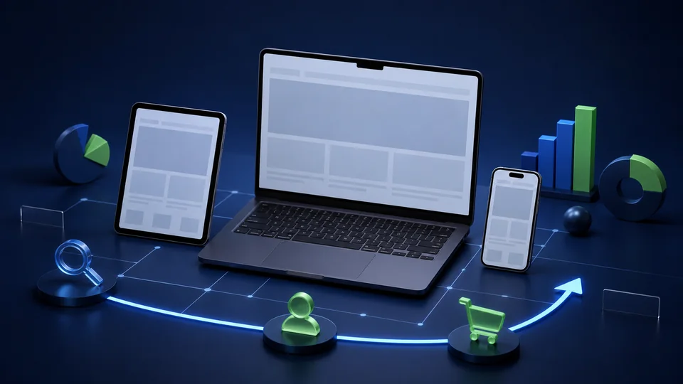 Ilustración tridimensional de un diseño web adaptable en ordenador, tableta y móvil