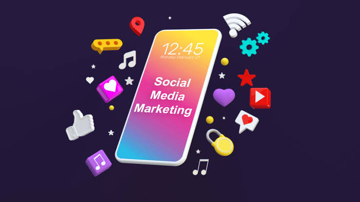 Social Media Marketing visual with mobile screen and social icons